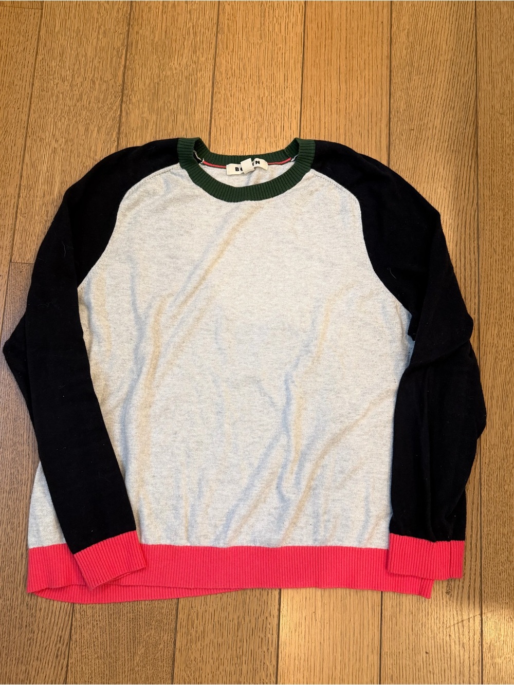 Boden Colorblock Crewneck Sweater in Gray, Navy & Pink with Green Trim Large - Picture 2 of 5